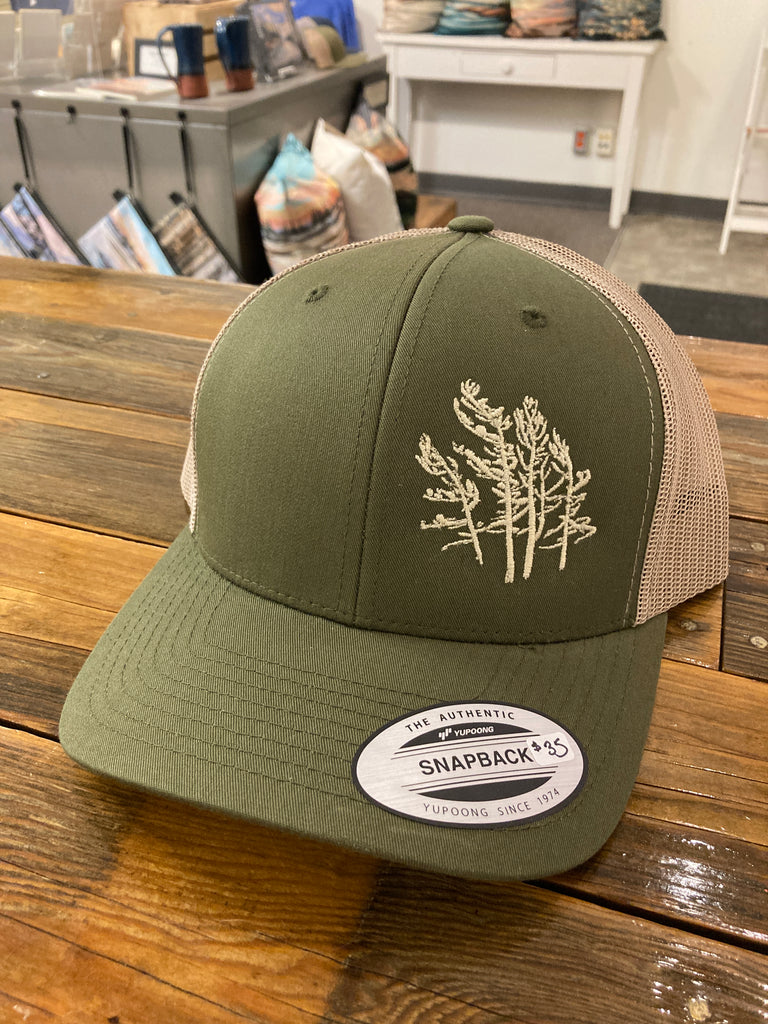 Killbear Trees Embroidered Trucker Hat, Moss and Khaki