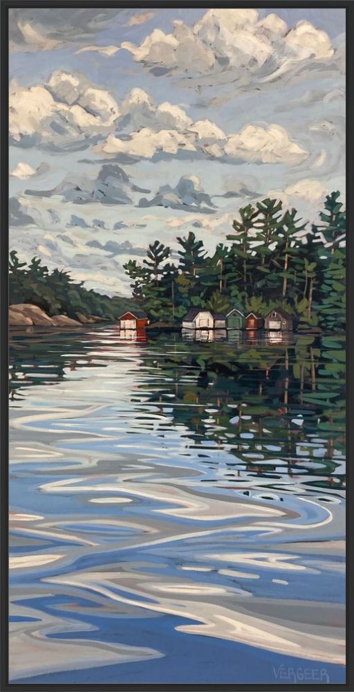 Rosseau Bay Boathouses Framed Canvas Print - 48x24