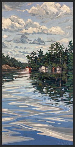 Rosseau Bay Boathouses Framed Canvas Print - 48x24